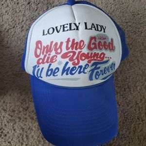 Blue graphic lovely lady trucker hat